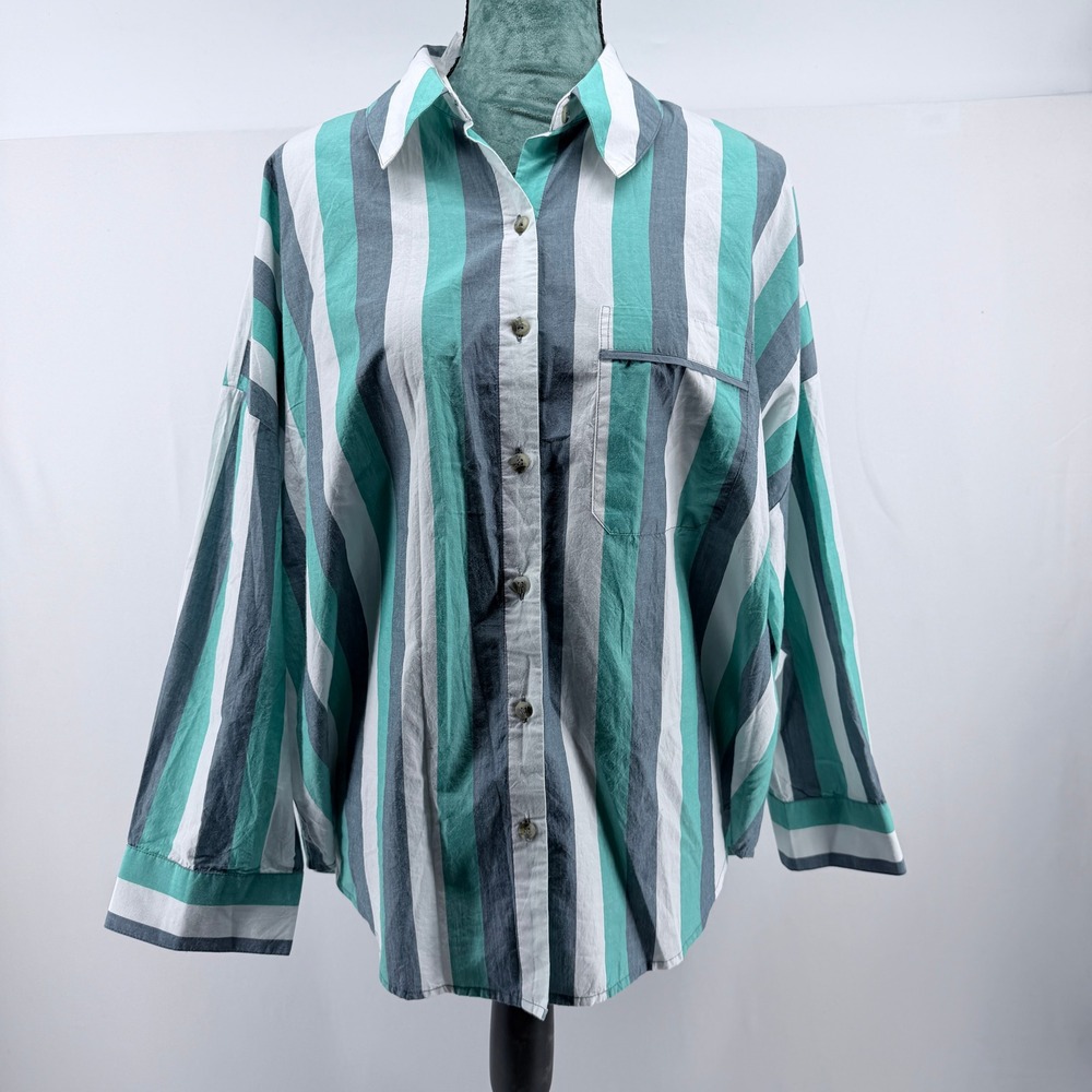 Anthropologie Teal Grey Striped Button Down Shirt XXS Relaxed‎ Fit Long Sleeve